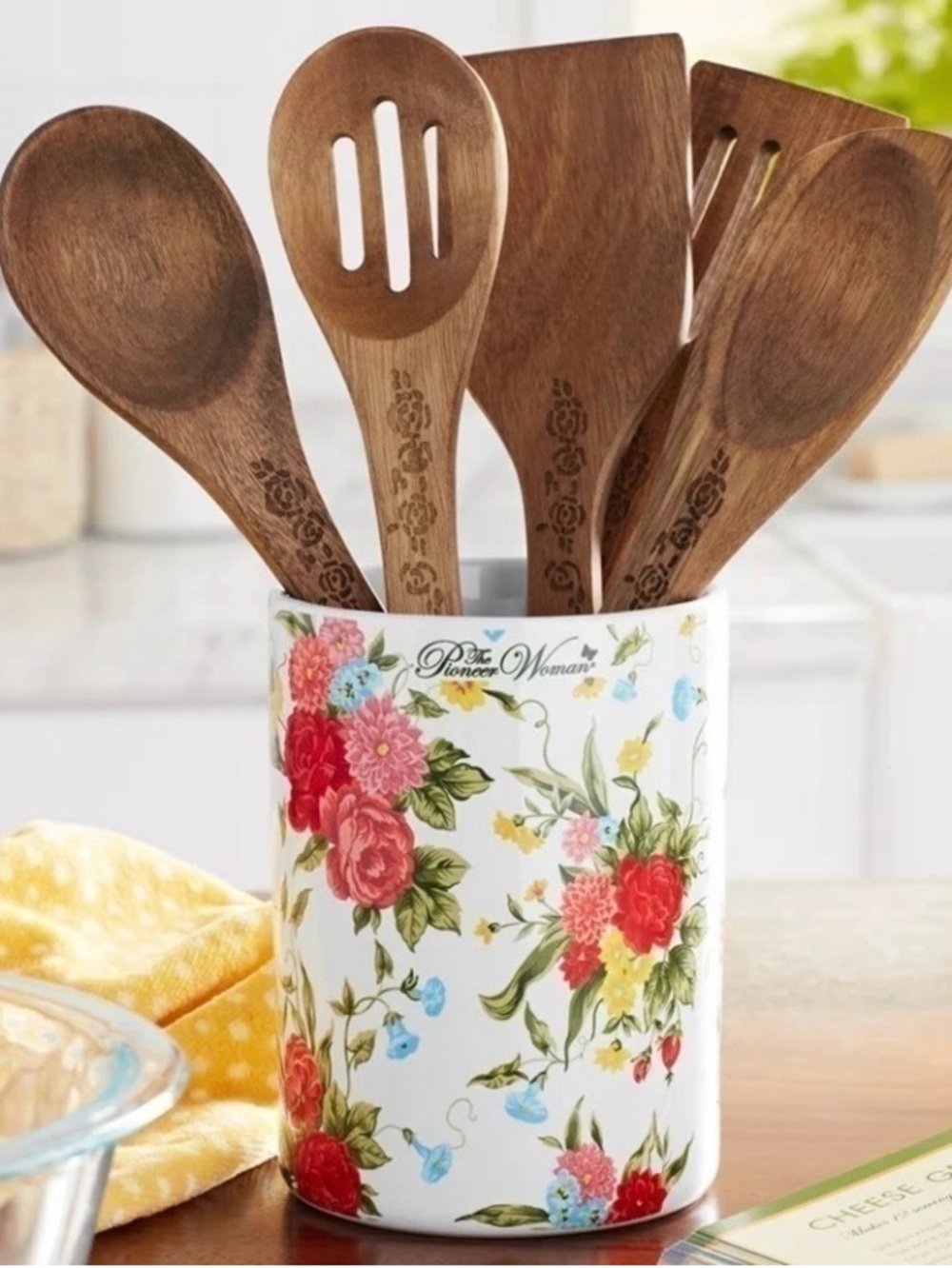 Last Set! 🌺 New Pioneer Woman 6-Piece Sweet Rose Utensil Crock with Wooden Tools